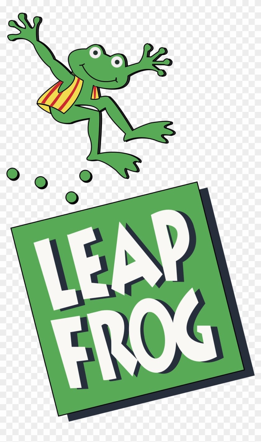 A cartoon frog wearing a yellow and red scarf is jumping above a green tilted box with the text "LEAP FROG" in large white letters.