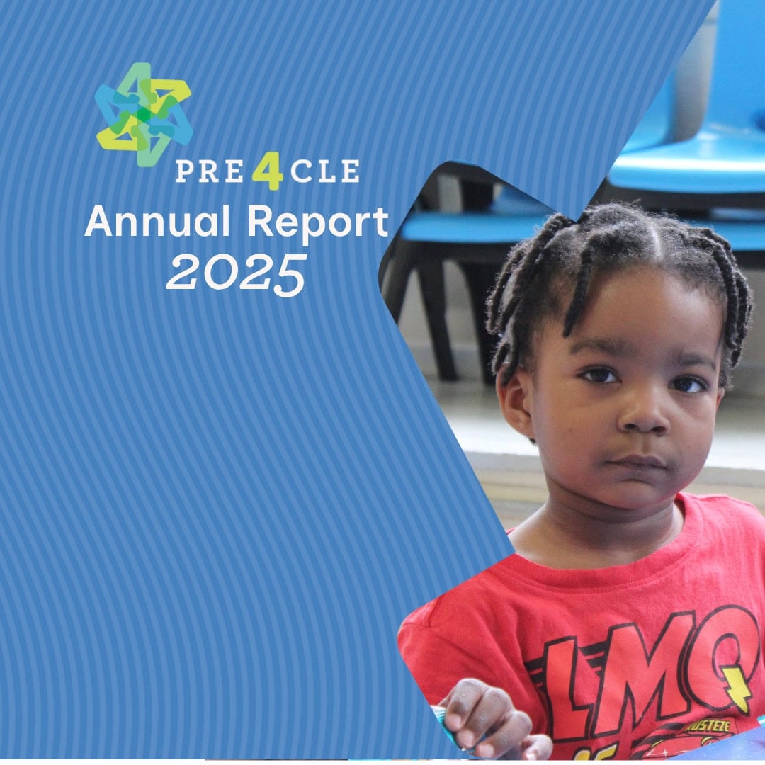 A young child in a red shirt sits indoors near blue chairs. Text reads “PRE4CLE Annual Report 2025” on a blue patterned background.