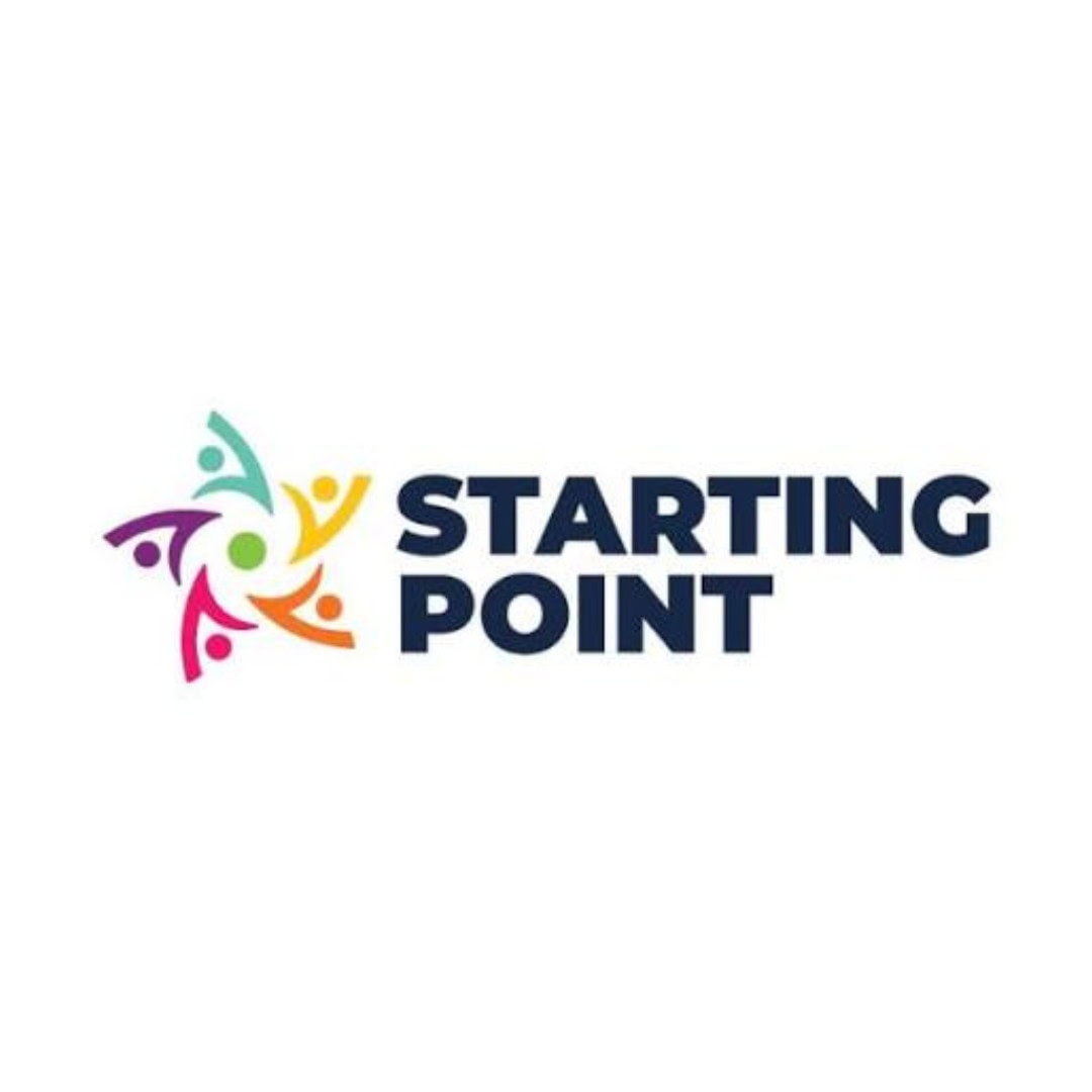A logo with colorful abstract figures forming a circular pattern to the left of the words “STARTING POINT” in bold, dark blue uppercase letters.