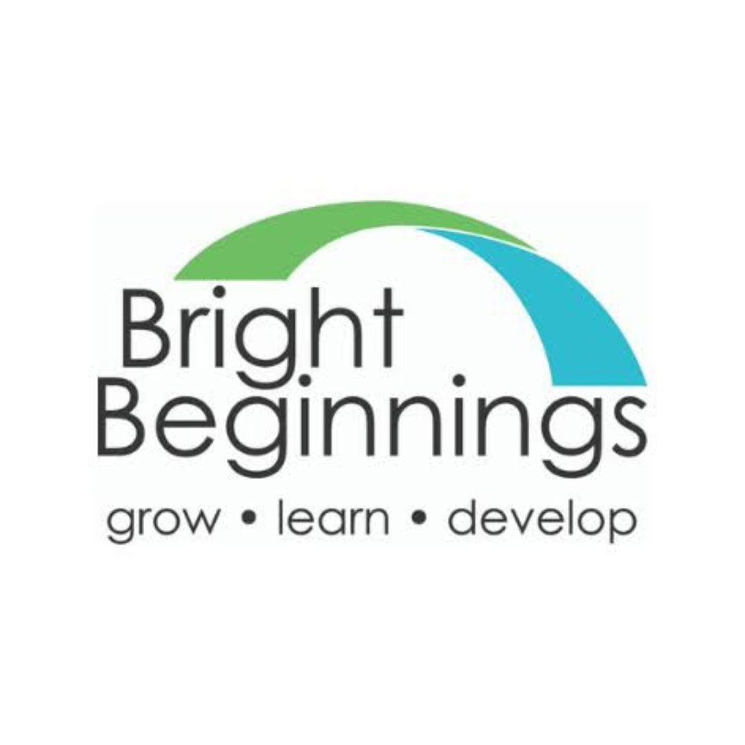 Bright Beginnings logo with green and blue arc above the text “Bright Beginnings” and the words “grow • learn • develop” below it, all on a white background.