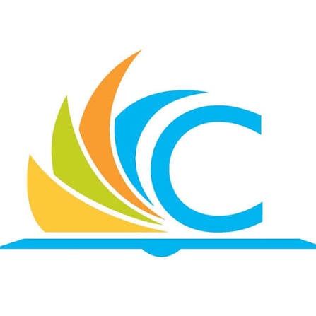 A stylized blue letter "C" with yellow, green, and orange curved shapes on the left, resembling sails, above a blue horizontal line.
