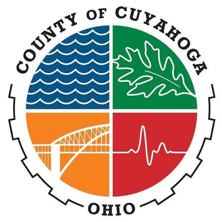 Cuyahoga County, Ohio logo with four colored quadrants: waves, leaf, bridge, and heart rhythm, encircled by text.