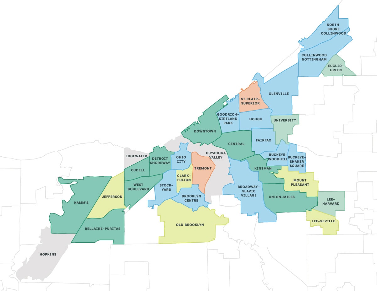 Map showing the neighborhoods of Cleveland, Ohio, each labeled by name and highlighted in different colors to delineate boundaries.