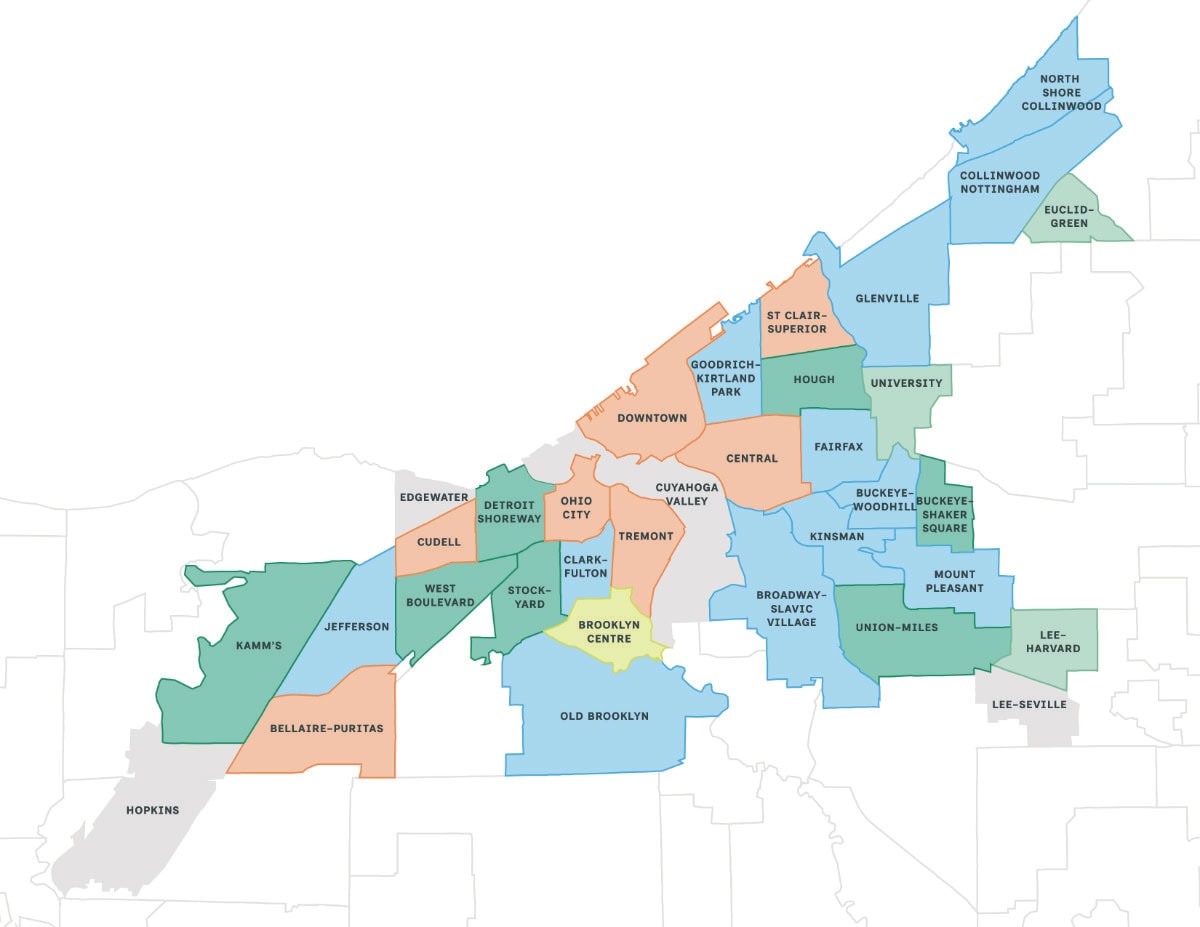 Map showing labeled neighborhoods in Cleveland, Ohio, each shaded in various colors to distinguish different areas, including Downtown, University, Old Brooklyn, and Collinwood-Nottingham.