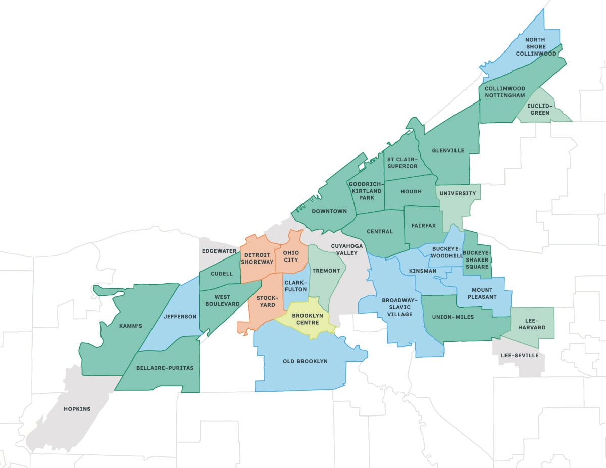 Map showing the neighborhoods of Cleveland, Ohio, each labeled and shaded in different colors to distinguish between areas.