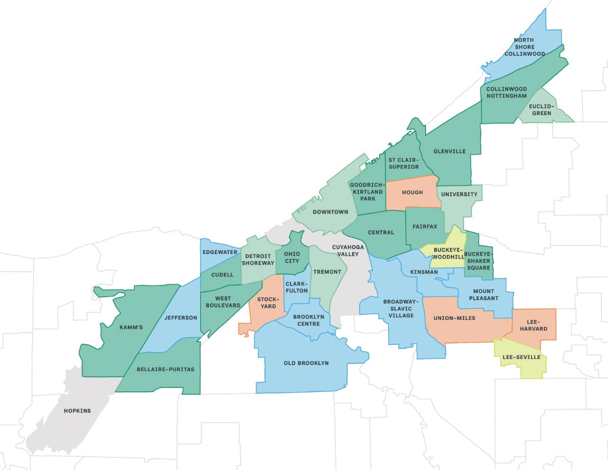 Map showing various neighborhoods of Cleveland, Ohio, each represented in different colors and labeled with their respective names.