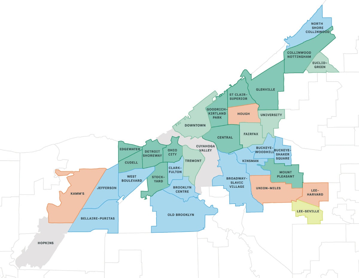 Map showing various neighborhoods of Cleveland, Ohio, each labeled and color-coded, delineating boundaries within the city.