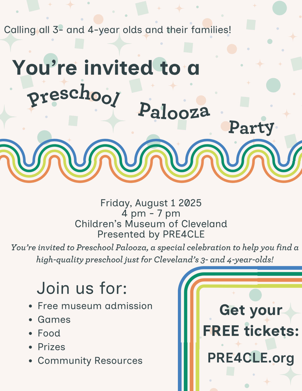Flyer for "Preschool Palooza Party" at the Children’s Museum of Cleveland on August 1, 2025, with event details, activities, and ticket information.