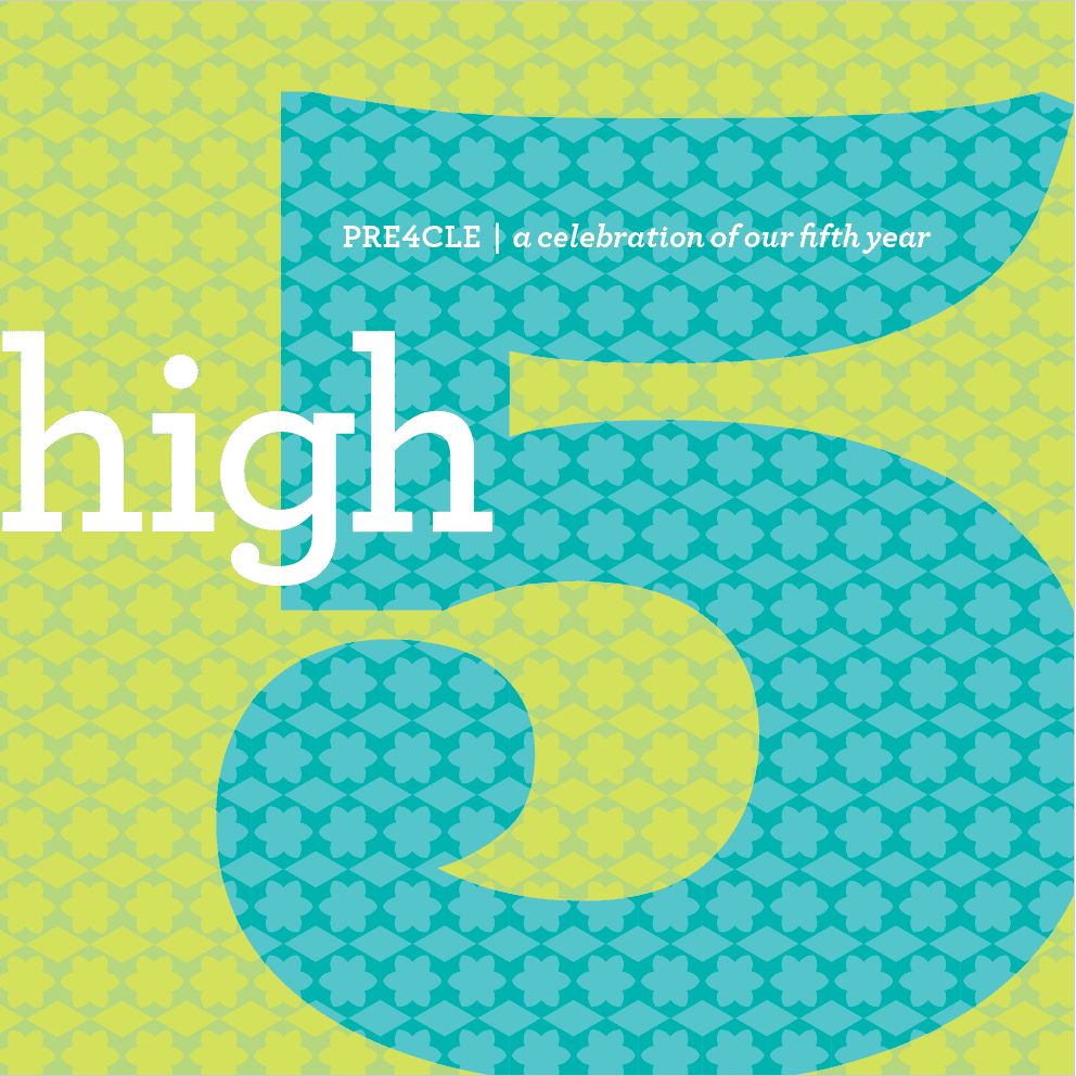 Blue patterned number 5 with the words "high 5" and "PRE4CLE | a celebration of our fifth year" on a yellow patterned background.