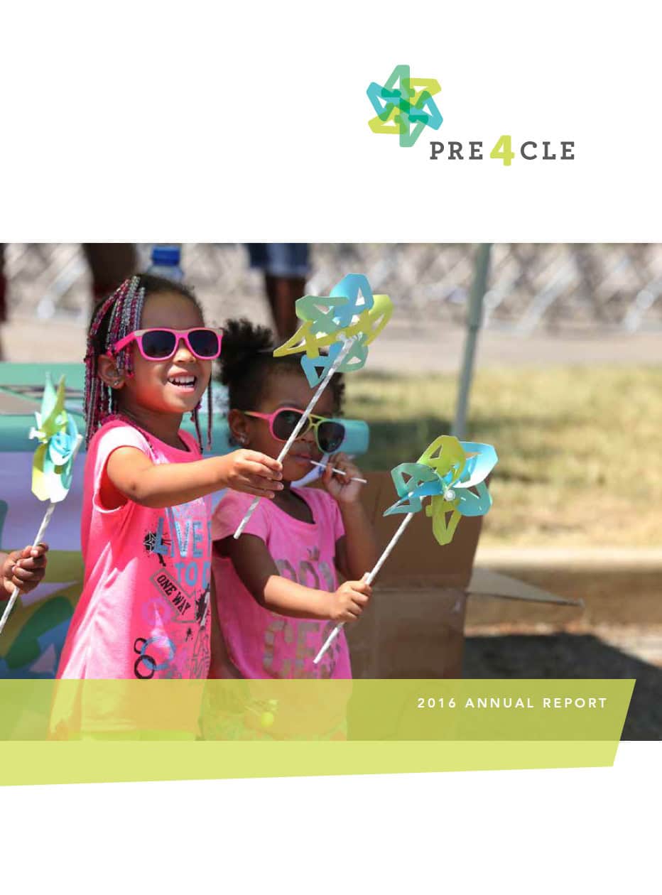 Two young children wearing sunglasses hold colorful pinwheels outdoors at a Pre4CLE event, featured on the 2016 Annual Report cover.