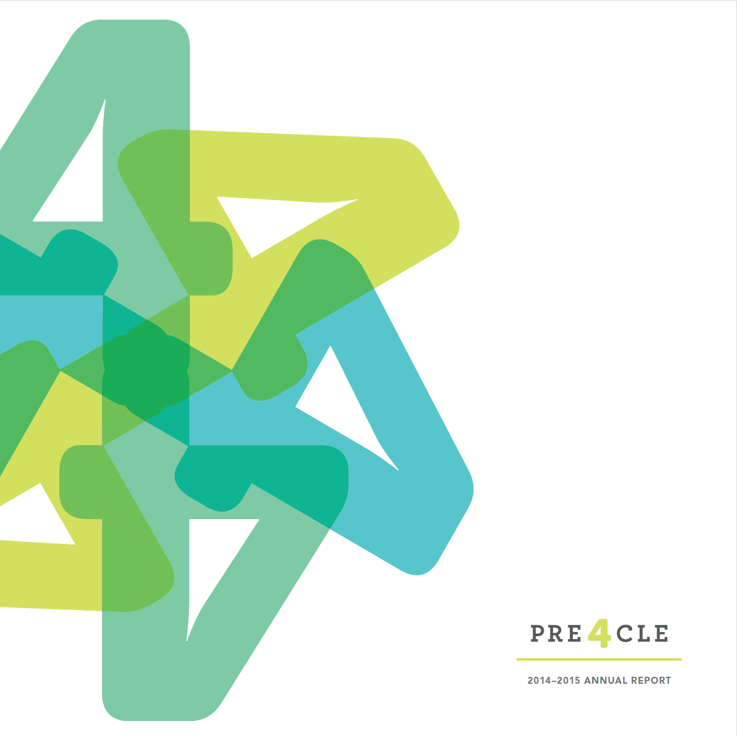 Abstract overlapping geometric shapes in green and blue form a star pattern on a white background; "PRE4CLE 2014–2015 Annual Report" text is at the bottom right.