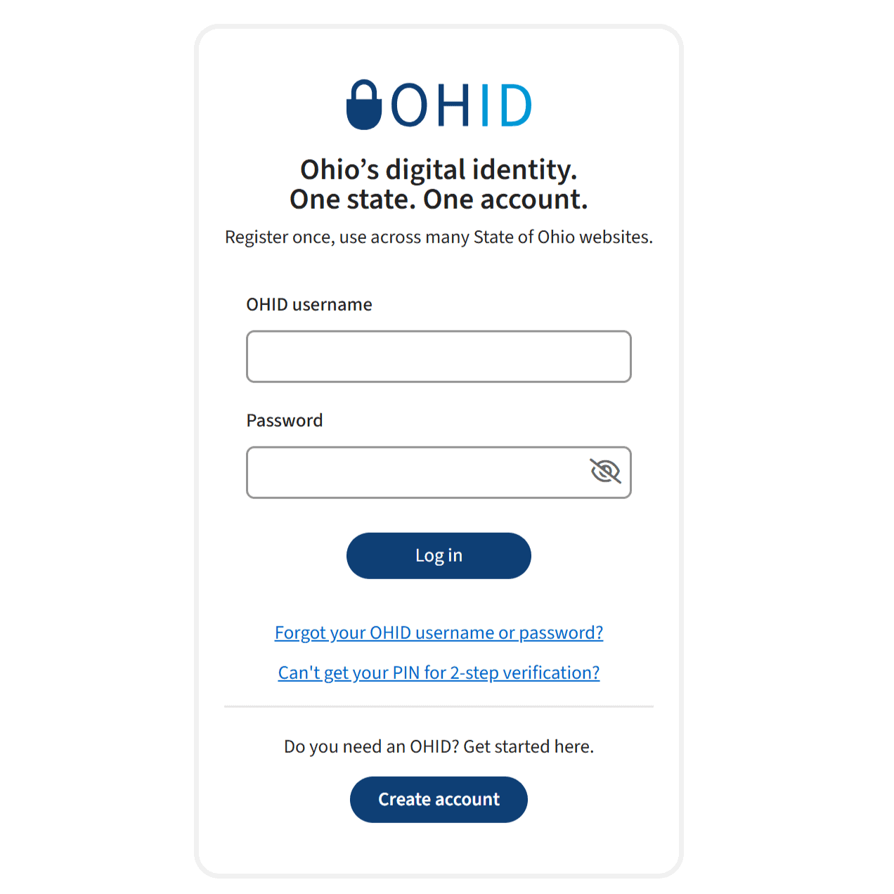 Login page for OHID, Ohio's digital identity system, with fields for username and password, and options to log in, recover credentials, or create a new account.