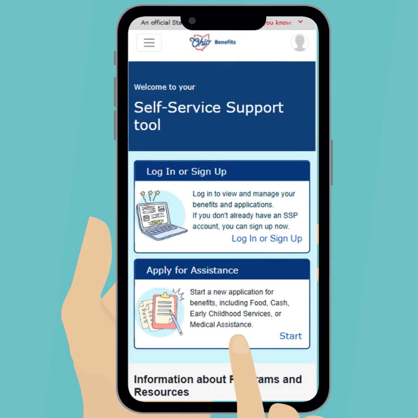 A hand holds a smartphone displaying a self-service support tool website with options to log in or sign up and apply for various assistance programs.