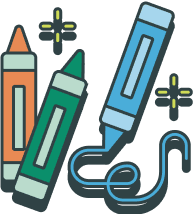 Illustration of two crayons, one orange and one green, and a blue marker drawing a squiggly line, with decorative star shapes in the background.