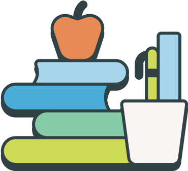 Three stacked books with an apple on top, next to a cup holding two pens and a closed notebook.