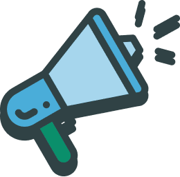 Illustration of a blue megaphone with a green handle and sound lines emitting from the speaker.