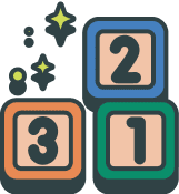 Three toy blocks labeled 1, 2, and 3 are stacked unevenly, with small sparkling stars and dots around them.