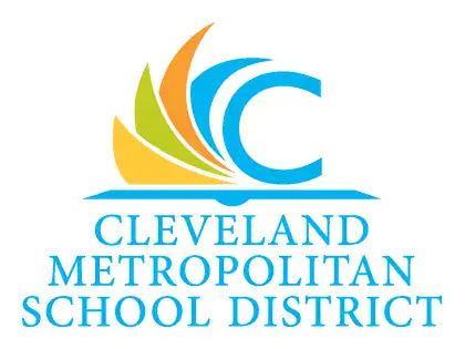 Logo for Cleveland Metropolitan School District featuring a large blue "C" with colorful abstract shapes and text below.