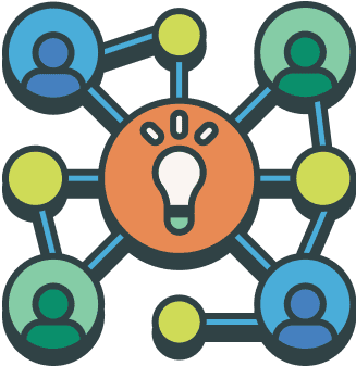 Diagram of a light bulb in the center connected to five human figures, representing idea sharing or collaborative networking.