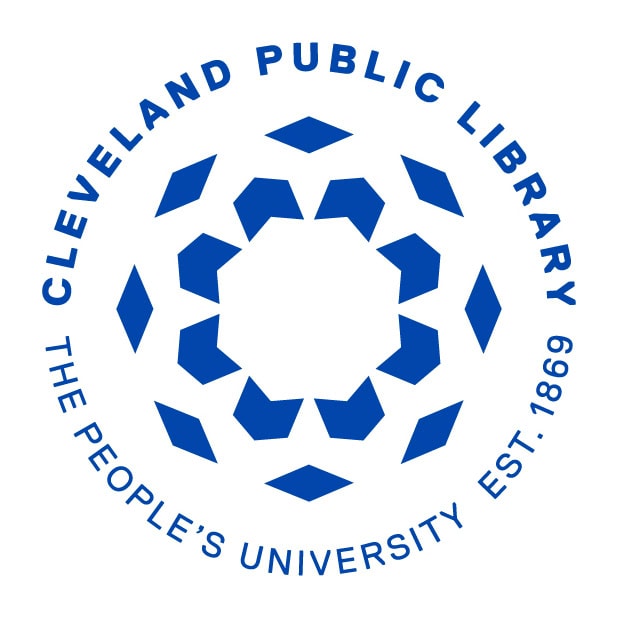 Blue Cleveland Public Library logo with geometric design in the center. Surrounding text reads: “The People’s University Est. 1869.”.