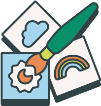 A paintbrush overlaps three drawings: a cloud, a rainbow, and a partially colored image on blue paper.