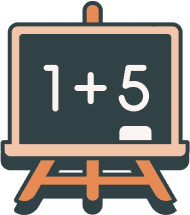 An easel holds a chalkboard displaying the equation "1 + 5" written in white.