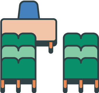 Illustration of a conference or classroom setup with a front desk, a blue chair behind it, and rows of green audience chairs in front.