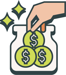 Illustration of a hand placing coins with dollar signs into a jar, with three sparkles on the left side of the image.