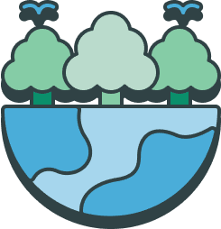 A stylized illustration of three trees on land with a river or water body, and two flying birds above.