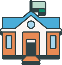 Illustration of a school building with a blue roof, a flag on top, and an arched doorway flanked by two windows.