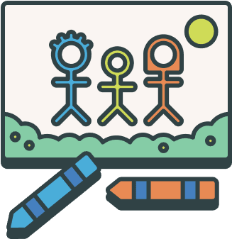 A child’s drawing of three stick figures standing on grass under the sun, with blue and orange crayons placed in front.