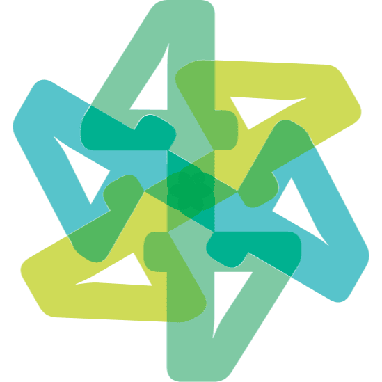 A geometric design with overlapping teal, blue, and green arrow shapes arranged in a circular, star-like pattern on a transparent background.