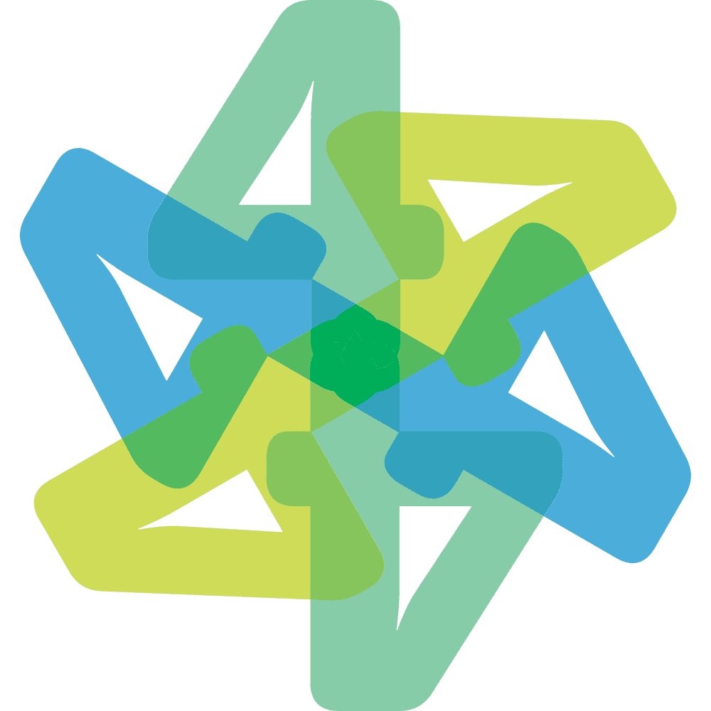 A geometric design featuring overlapping blue and green arrows arranged in a circular, star-like pattern with a small green hexagon at the center.