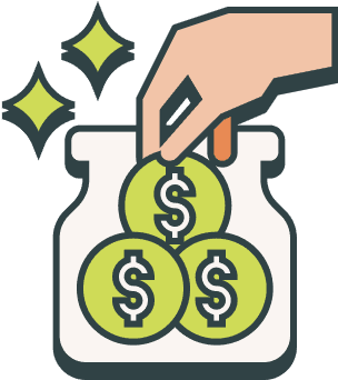 Illustration of a hand placing a coin with a dollar sign into a jar containing two other coins, with sparkles in the background.