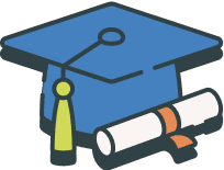 Illustration of a blue graduation cap with a yellow tassel next to a rolled-up diploma tied with an orange ribbon.