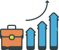 Illustration of an orange briefcase next to four ascending blue arrows representing a bar graph, with an upward arrow indicating growth or progress.