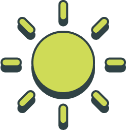 Simple illustration of a yellow sun with eight rays extending outward on a transparent background.