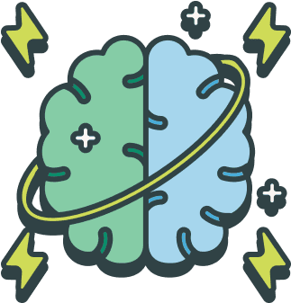 Illustration of a brain divided into green and blue halves, with a ring orbiting it and four yellow lightning bolts around the brain.