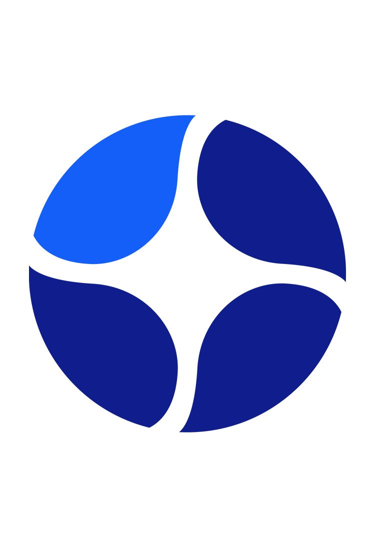 A blue circular logo with four curved segments and a white star-shaped space in the center on a white background.
