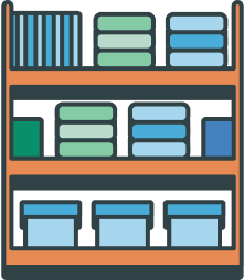 A wooden shelving unit with books, boxes, and other rectangular items organized on three shelves.
