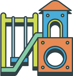 Illustration of a playground structure featuring a slide, swings, and a climbing area with an arched entrance and circular window.
