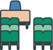 Illustration of a classroom setup with a teacher’s desk and chair at the front and two rows of student desks facing forward.