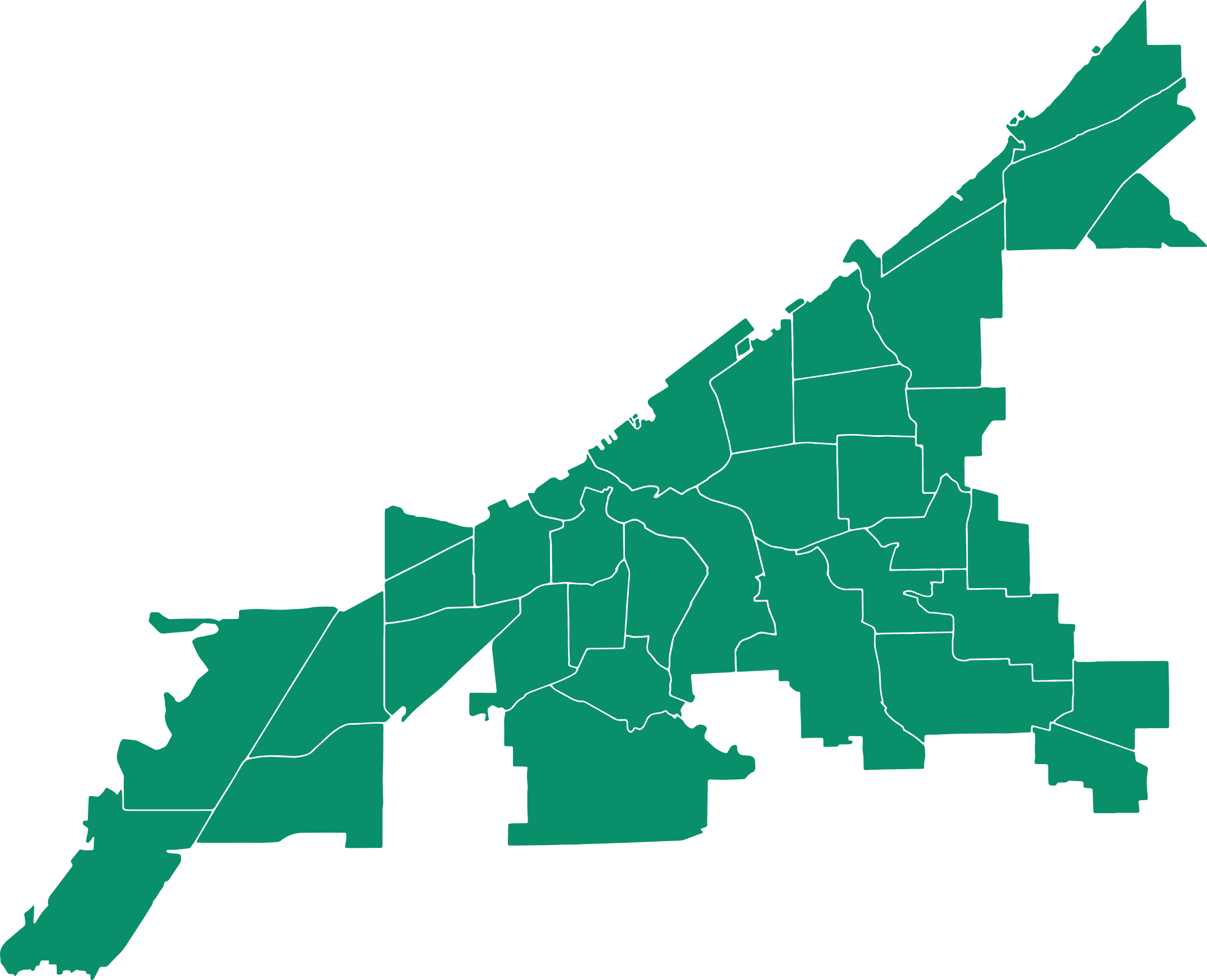 A green map showing outlined boundaries of different districts or neighborhoods within a larger region. No labels or landmarks are visible.