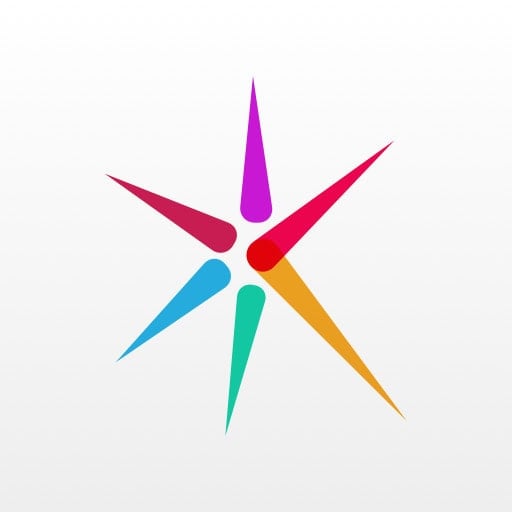 A stylized, six-pointed star with each point a different color: pink, red, orange, yellow, teal, and purple, on a white background.
