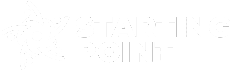 starting-point-logo White logo features the words "Starting Point" next to a circular design of abstract human figures holding hands.