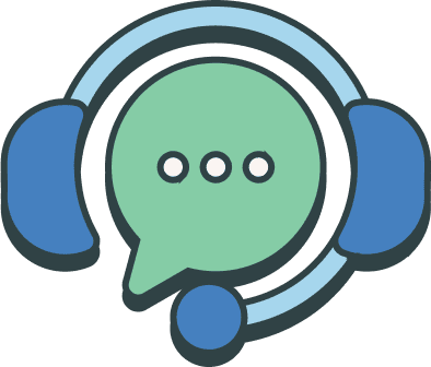 Icon of a green speech bubble with three dots, wearing a blue headset, representing customer support or communication services.