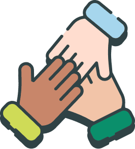 Three illustrated hands of different skin tones overlap in the center, symbolizing teamwork or unity.